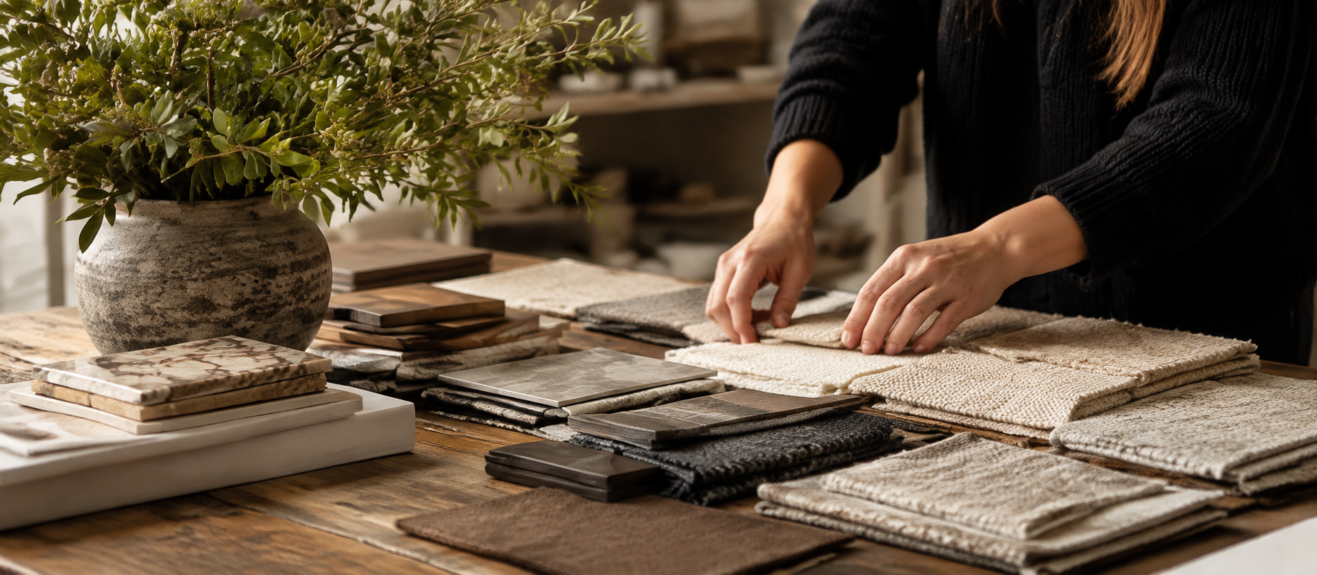 Interior designer laying out fabric and wood swatches on a table for a free design consult