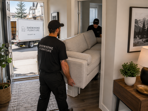 Delivery team moving a sofa through a doorway in a Victoria home