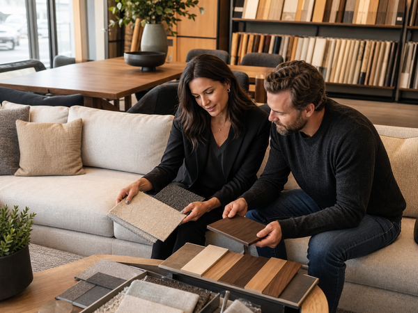 Homeowner and design consultant comparing upholstery and wood finish samples in a Victoria showroom