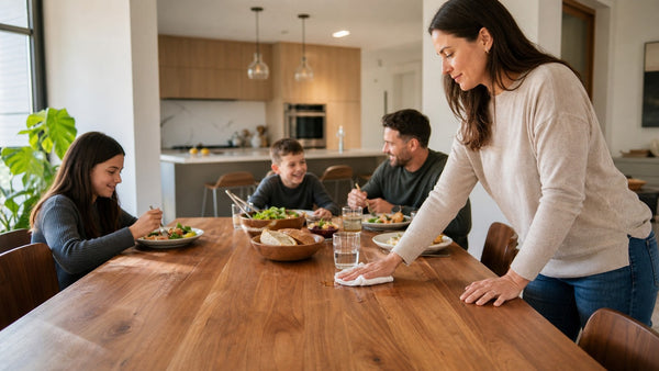 A parent wipes a small spill from a solid wood dining table in a Victoria home