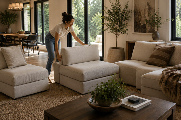 A person rearranges individual modular sectional pieces in a bright Victoria living room