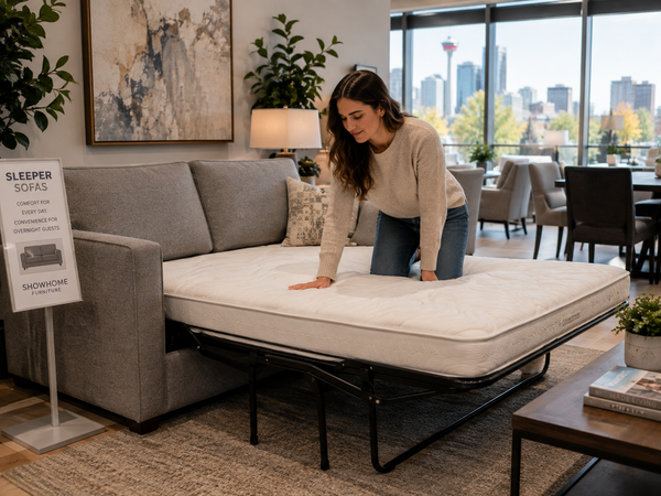 Shopper testing a sleeper sofa bed mattress inside a Victoria showroom