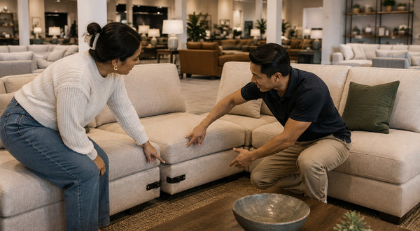Showroom associate demonstrates how to reconfigure a modular sectional in Victoria
