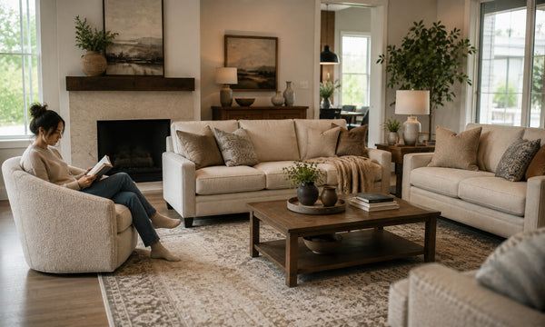 Sofa and contrasting upholstered chair in a Victoria living room