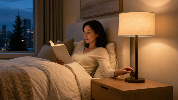 Bedside table and lamp positioned at reading height beside upholstered bedroom furniture Victoria