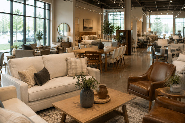 Bright furniture showroom giving Victoria shoppers room to compare sofa colours under different lighting