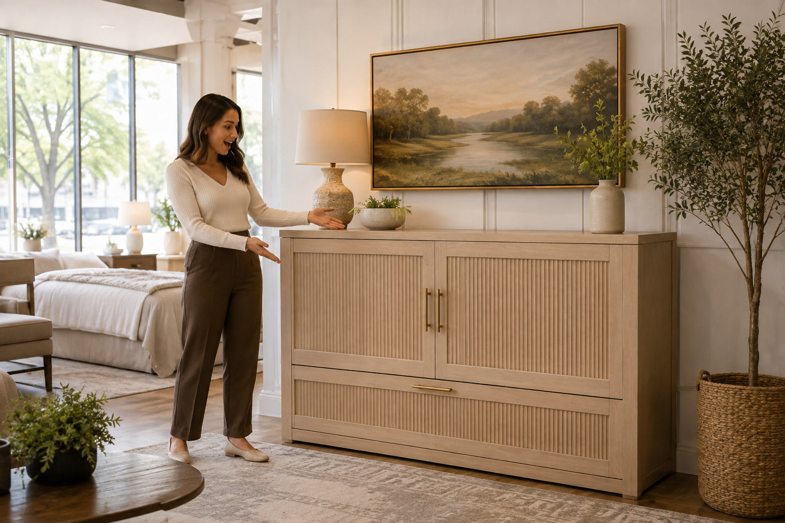 Cabinet-style murphy bed displayed in the Showhome Furniture Victoria showroom