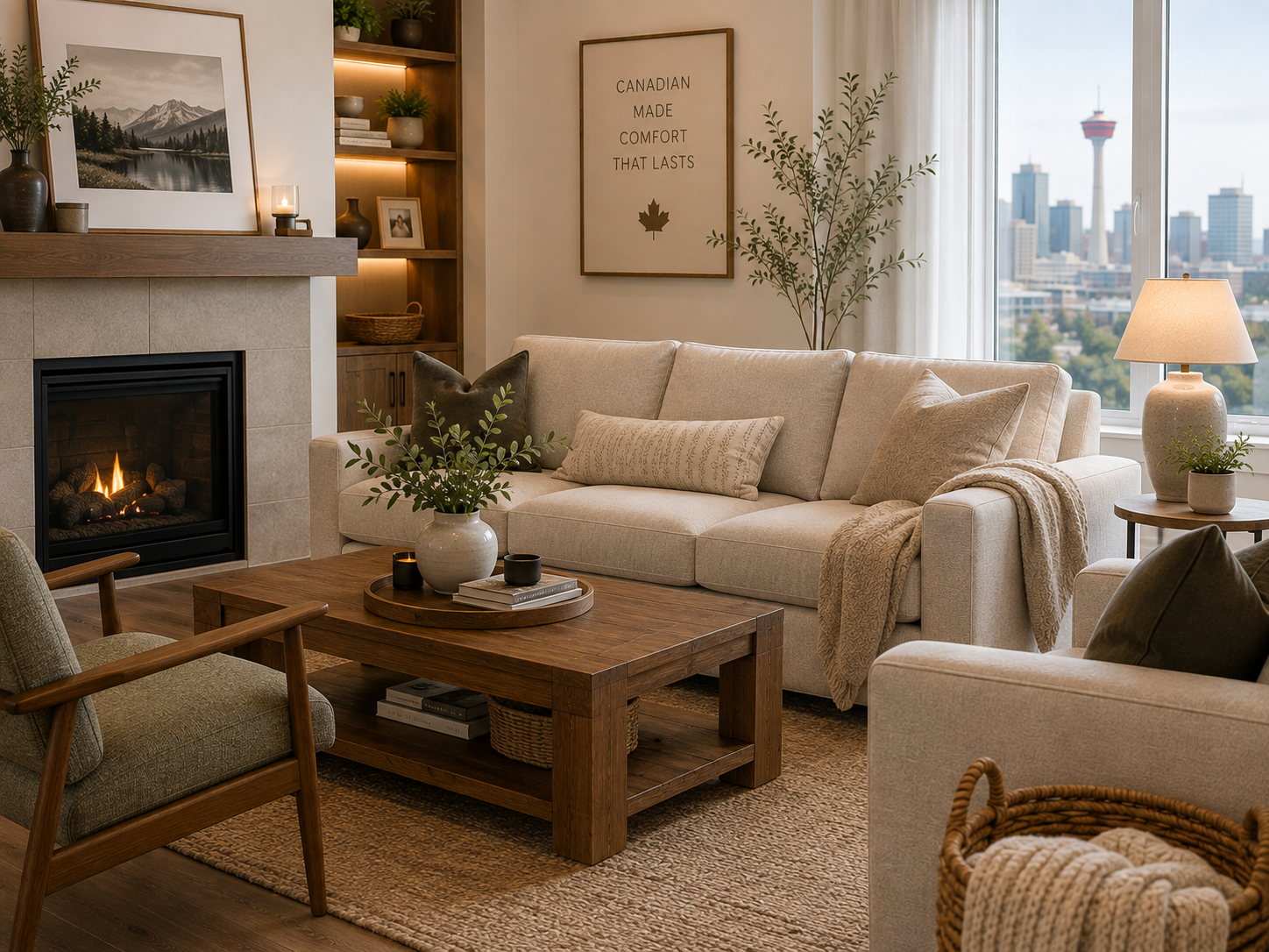 Canadian-made furniture in a Victoria living room with a custom sofa and warm wood accents