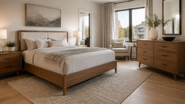 Clean-lined modern bedroom furniture with warm wood tones in a Victoria home