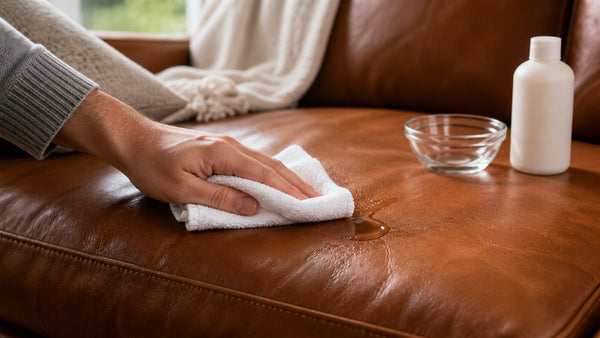 Cleaning a small spill from a leather sofa with a soft cloth