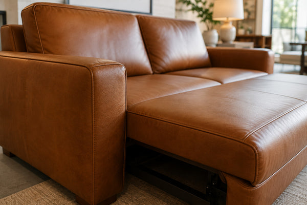 Close-up of leather texture and stitching on a sofa bed in Victoria