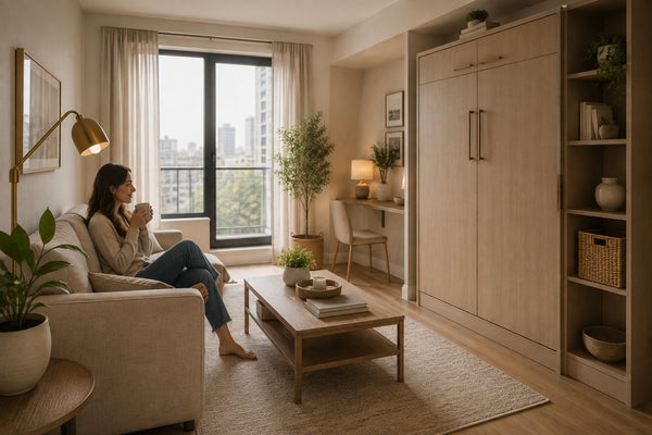 Compact Victoria condo living room furnished with a multi-purpose storage coffee table