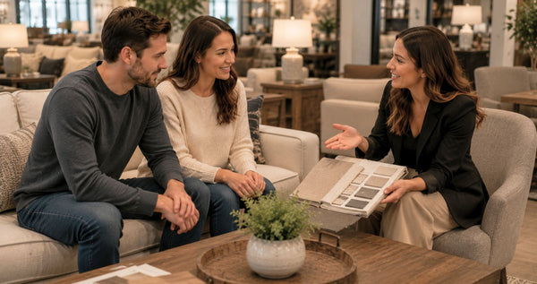 Couple exploring custom Canadian-made sofa options inside the Showhome Furniture Victoria showroom