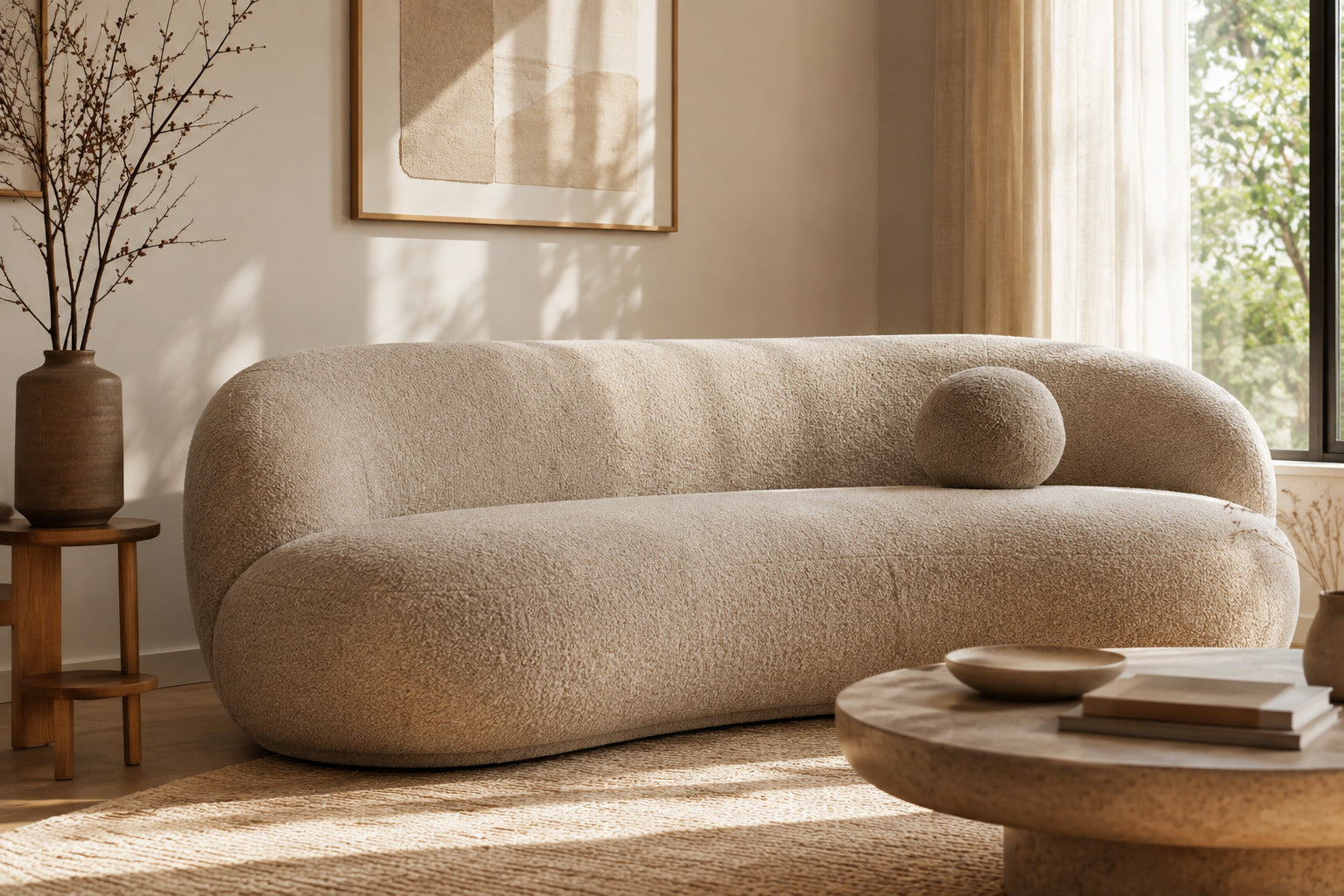 Curved bouclé modern sofa trend styled in a Victoria living room