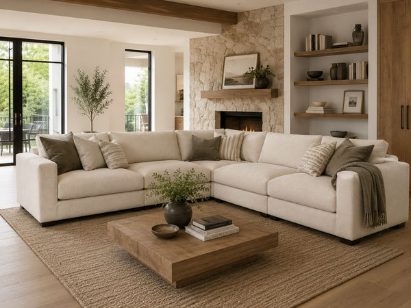 Custom 5-piece Cloud modular sectional in an L configuration, styled in Victoria