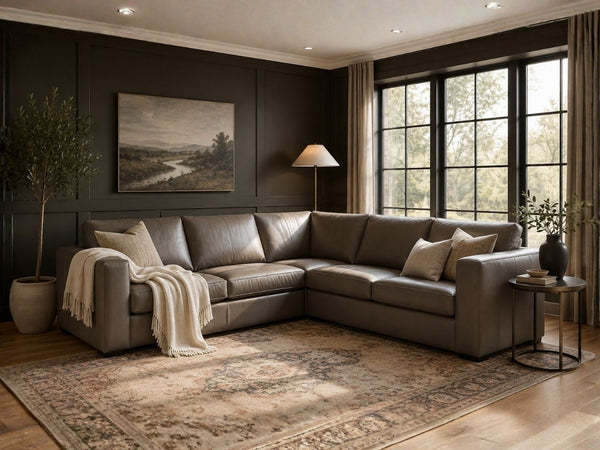 Custom brown leather sectional recliner styled in a Victoria living room