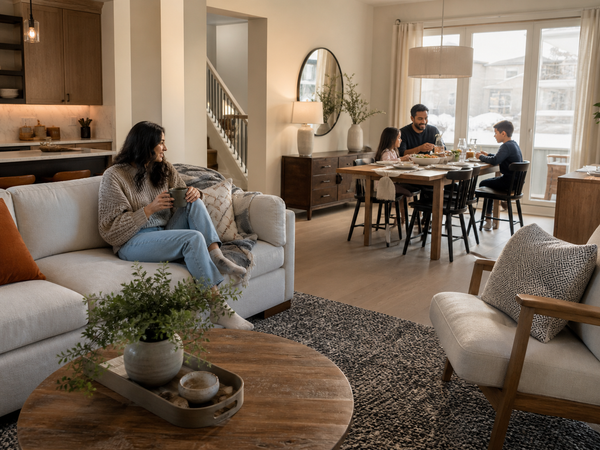 Customers examining the construction of a Canadian-made sofa in a Victoria furniture showroom