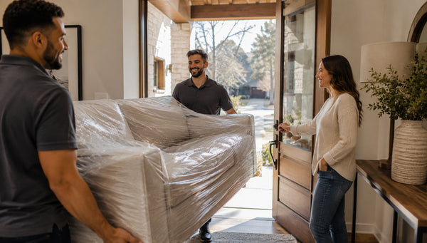 Delivery team bringing a new sofa into a Victoria home