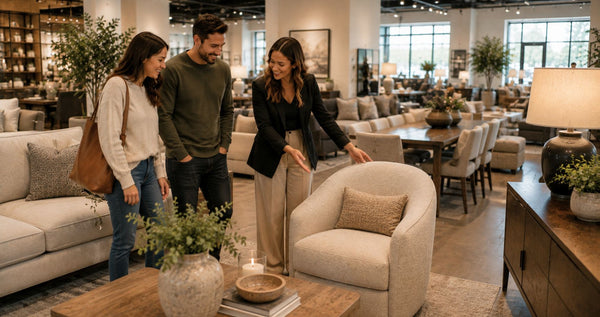 Design consultant walking a customer through the showroom in Victoria
