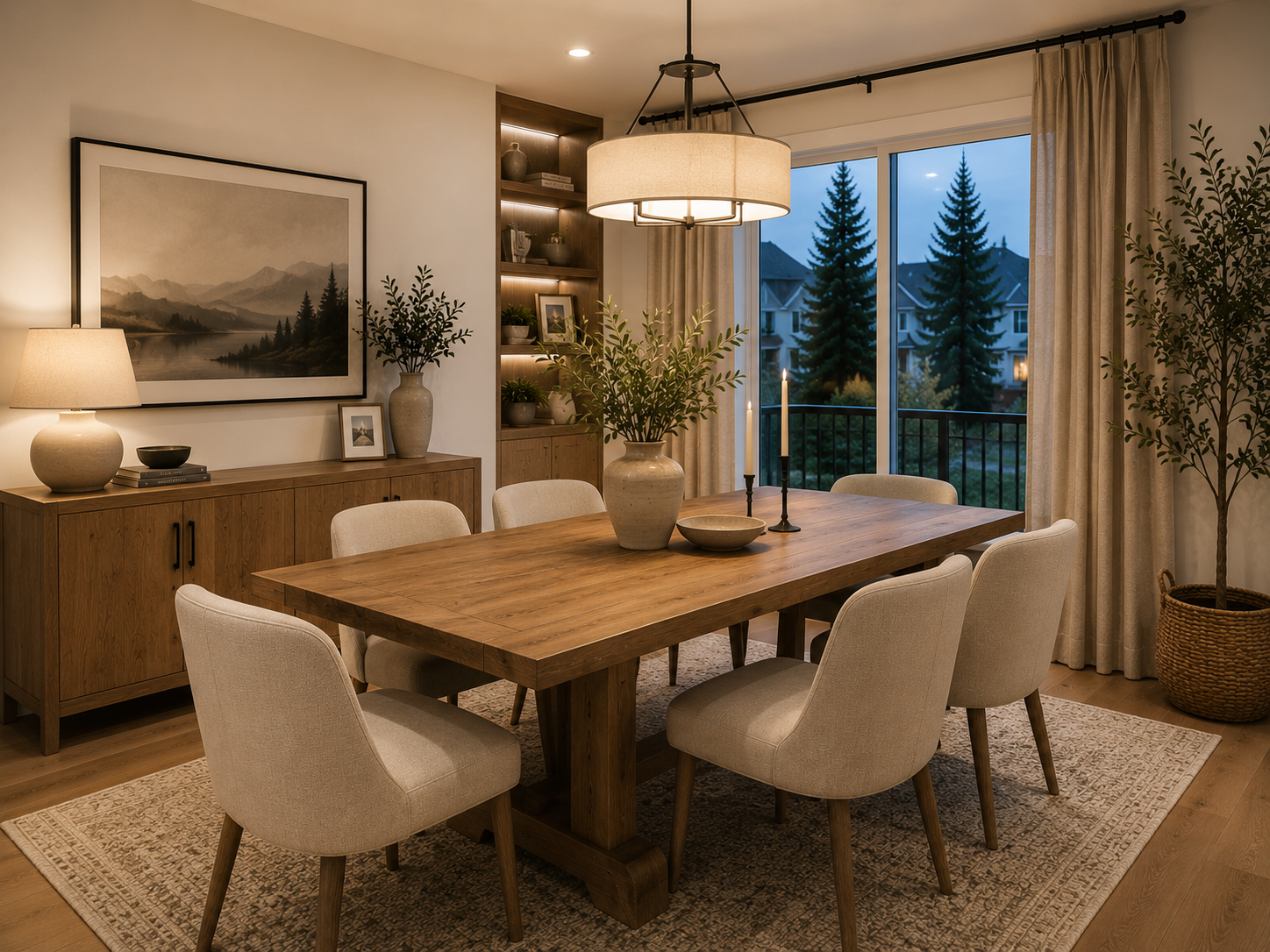 Dining room styled with a solid wood dining table and warm decor