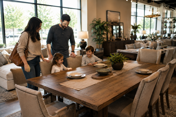Dining table display inside a Victoria furniture store