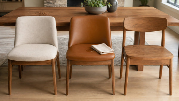Performance fabric, wipeable leather, and solid wood dining chair materials suited to daily use