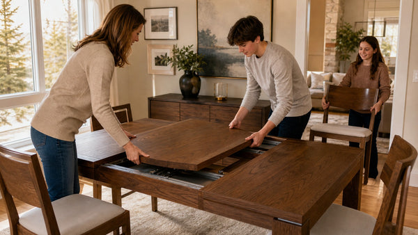 Family gathering around an extendable dining table Victoria households rely on for guests