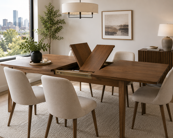 Extendable dining table paired with upholstered dining chairs in a Victoria dining room
