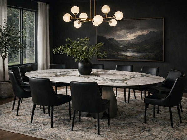 FORMA dining table with a ceramic top styled in a Victoria dining room