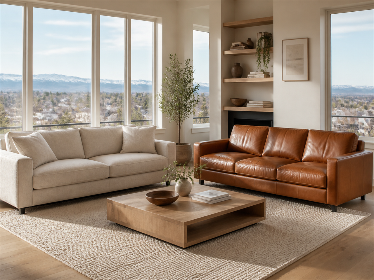 Fabric vs leather couches compared in a Victoria living room