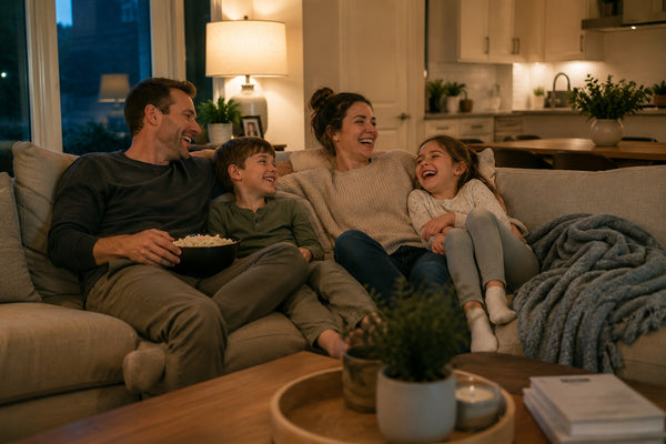 Family relaxing together on a Canadian-made couch during movie night in a Victoria home