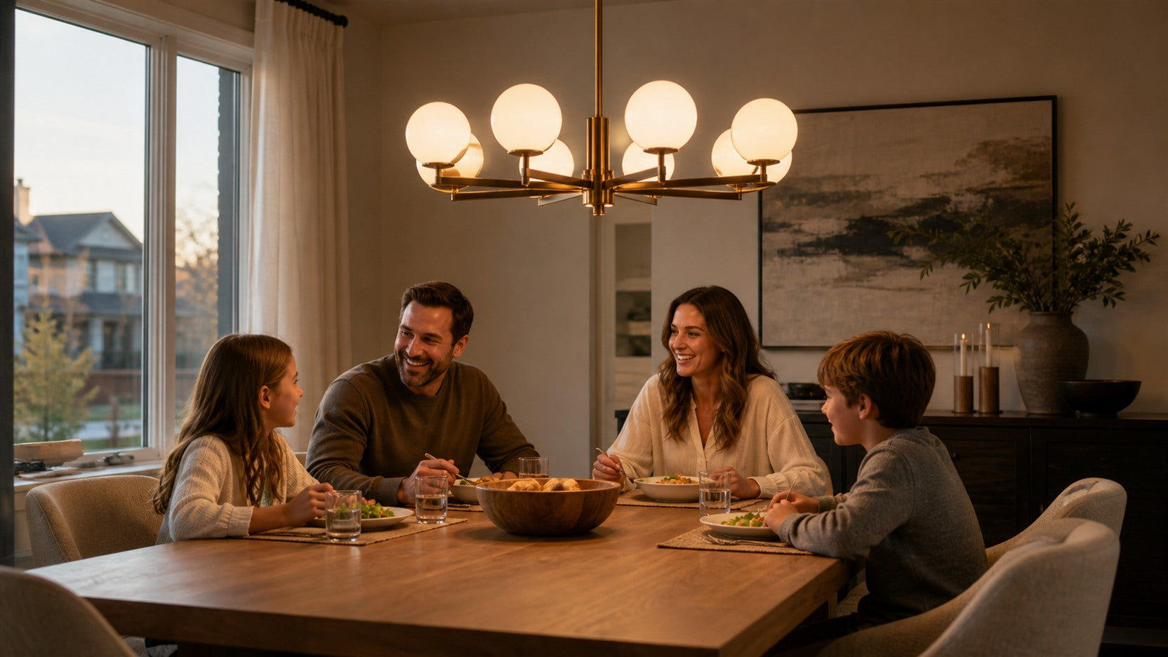 Family gathered at a dining table in Victoria under a statement chandelier