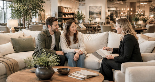 Family shopping at a furniture store in Victoria while exploring quality living room furniture