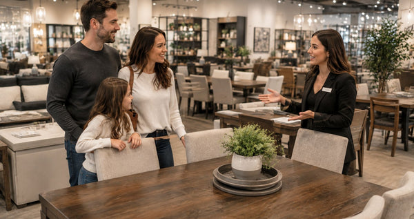Friendly furniture consultant helping a family compare dining tables inside the Victoria showroom