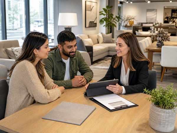 Furniture financing and delivery consultation at a Victoria furniture store