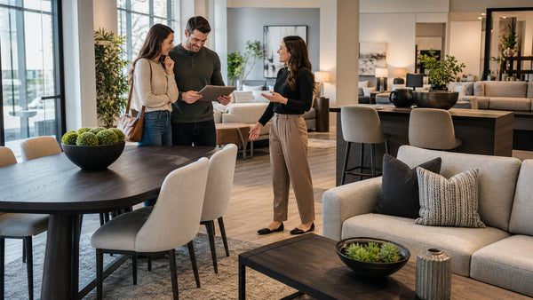 Customers browsing dining and living room furniture during a showroom sale visit in Victoria