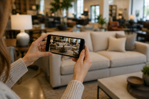 Customers planning a sofa layout during a showroom visit in Victoria