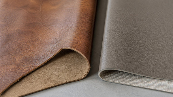 Genuine leather sofa surface compared with faux leather in a Victoria showroom