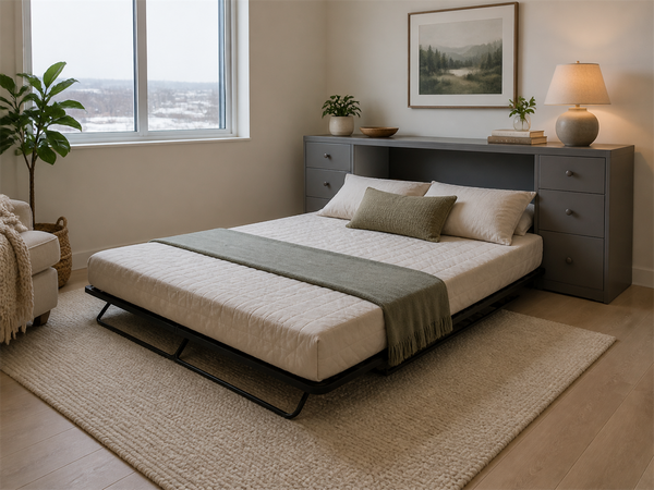 Grey murphy bed cabinet opened for guests in a Victoria home