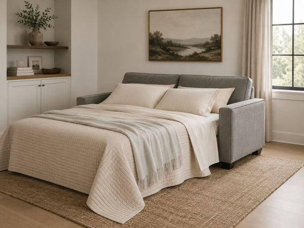 Grey sleeper sofa opened into a bed in a warm modern Victoria living room