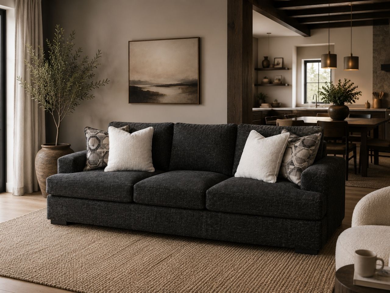 Karinne sofa in smoke grey styled in a Victoria condo living room
