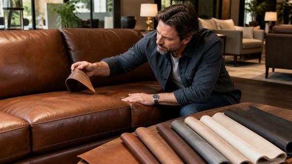 Leather grade, colour, and care guide displayed in a Victoria furniture showroom