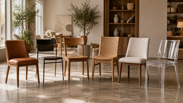 Leather, metal, solid wood, and wicker dining chairs compared side by side in natural light