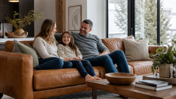 Leather sofa in a family living room during a Victoria winter