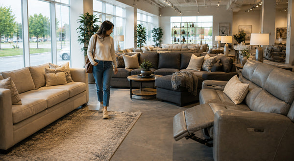 Different leather sofa styles compared in a Victoria showroom