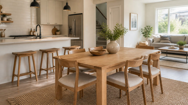 Light oak dining table styled in a Victoria kitchen dining space