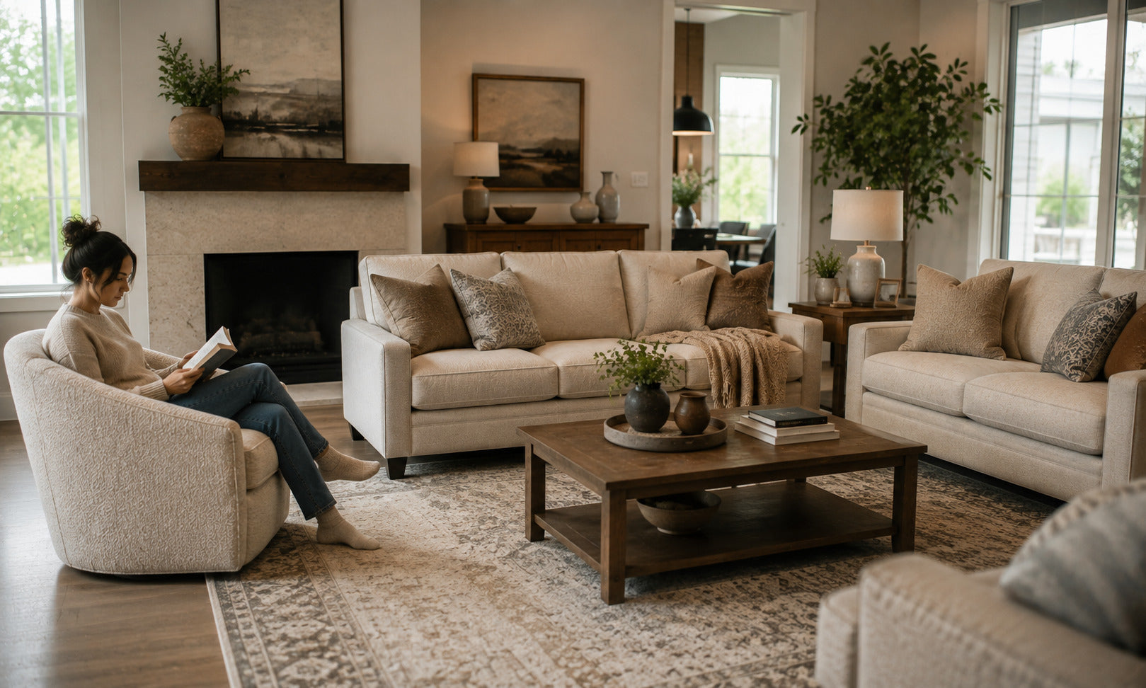 Modern Victoria living room styled with a vintage-inspired area rug