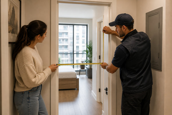 Measuring a doorway before furniture delivery in a Victoria home