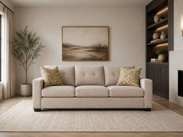 Modern beige sofa with tufted back cushions in a bright Victoria living room