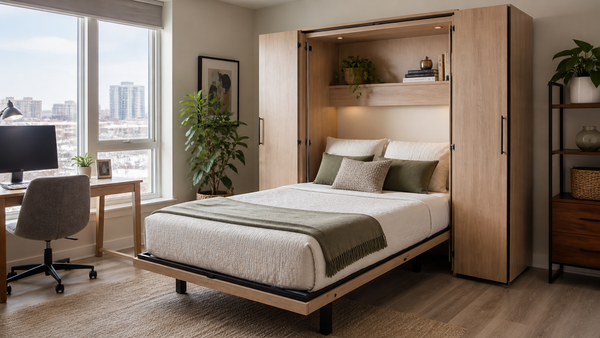 Modern murphy cabinet bed opened in a Victoria home office